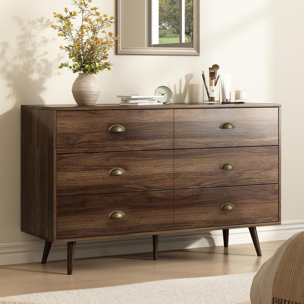 47" Vintage Dresser with 6 Drawers and Metal Handles, Walnut