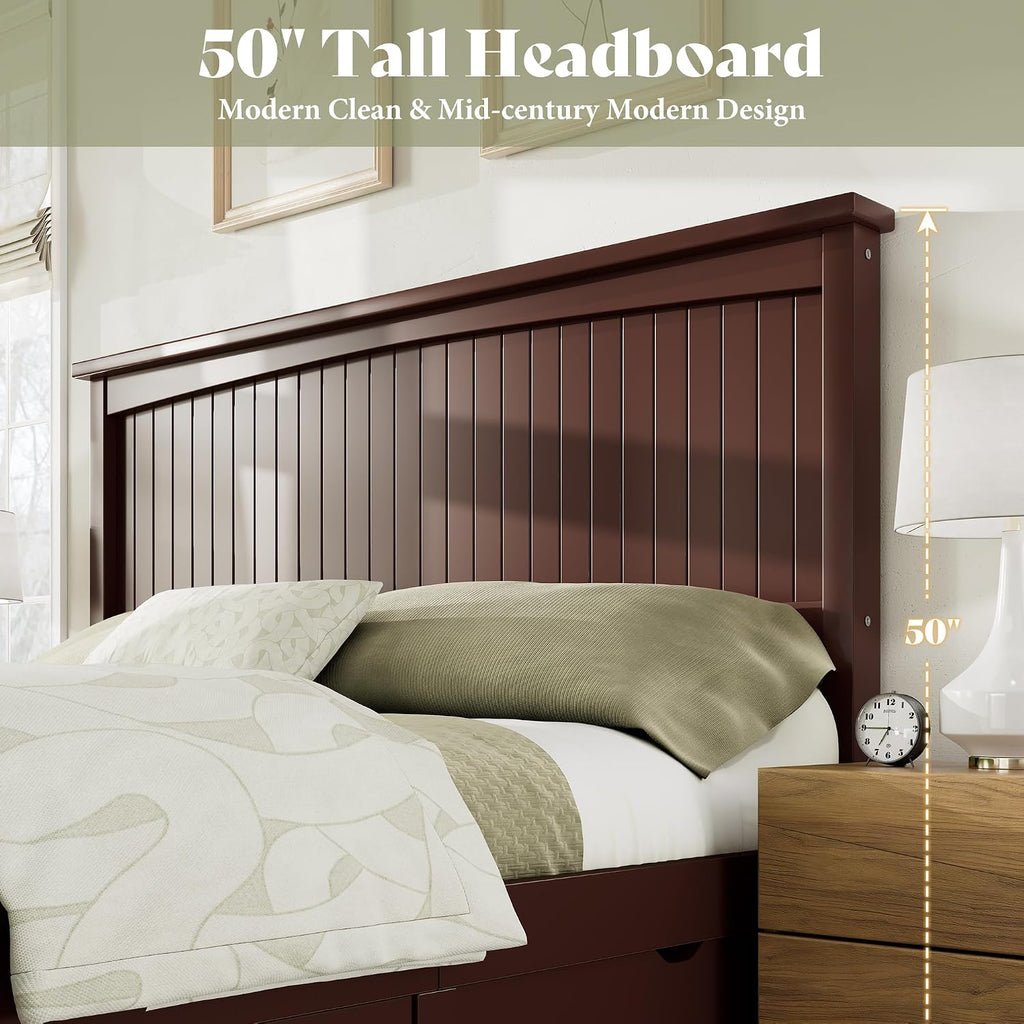 Solid Wood Queen Storage Bed Frame with 50" Headboard, Espresso