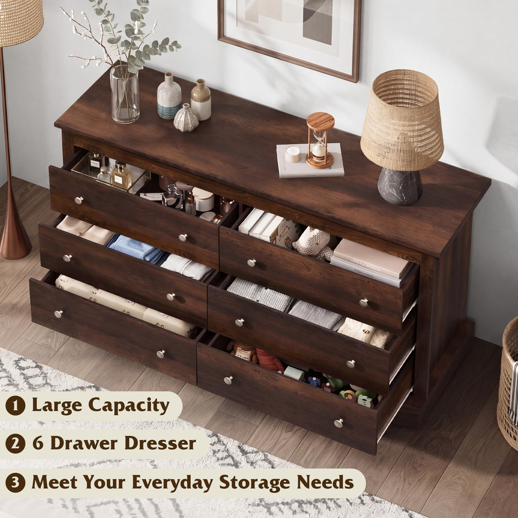 59", Wooden 6 Drawer with Exclusive Anti-Tip Structure, Large Modern Chest of Drawers, Closet, Home Furniture, TV