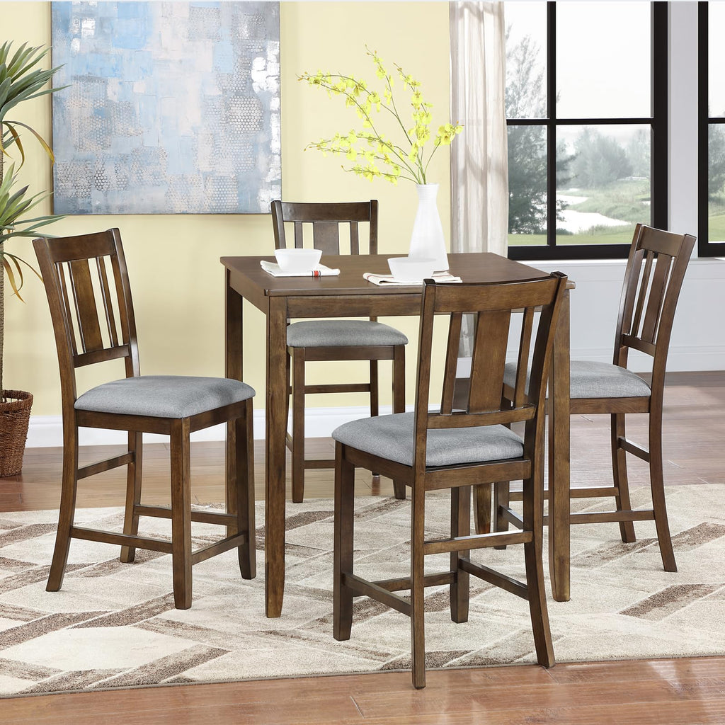 5-Piece Counter Height Dining Table Set with Square Table and 4 Upholstered Slatted Backrset Chair, for 4 Person