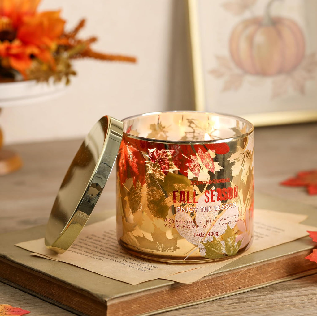 Fall Candle,Autumn Leaves Scented Candle,Large 3 Wicks,Fall Gift Decor,14oz - Set of 14