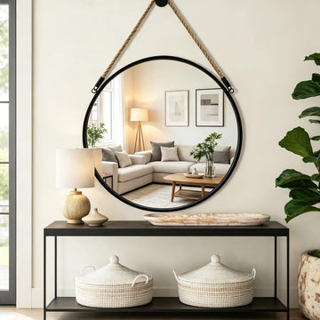 30" Large Round Hanging Mirror, Circle Wall Mirror with Jute Rope