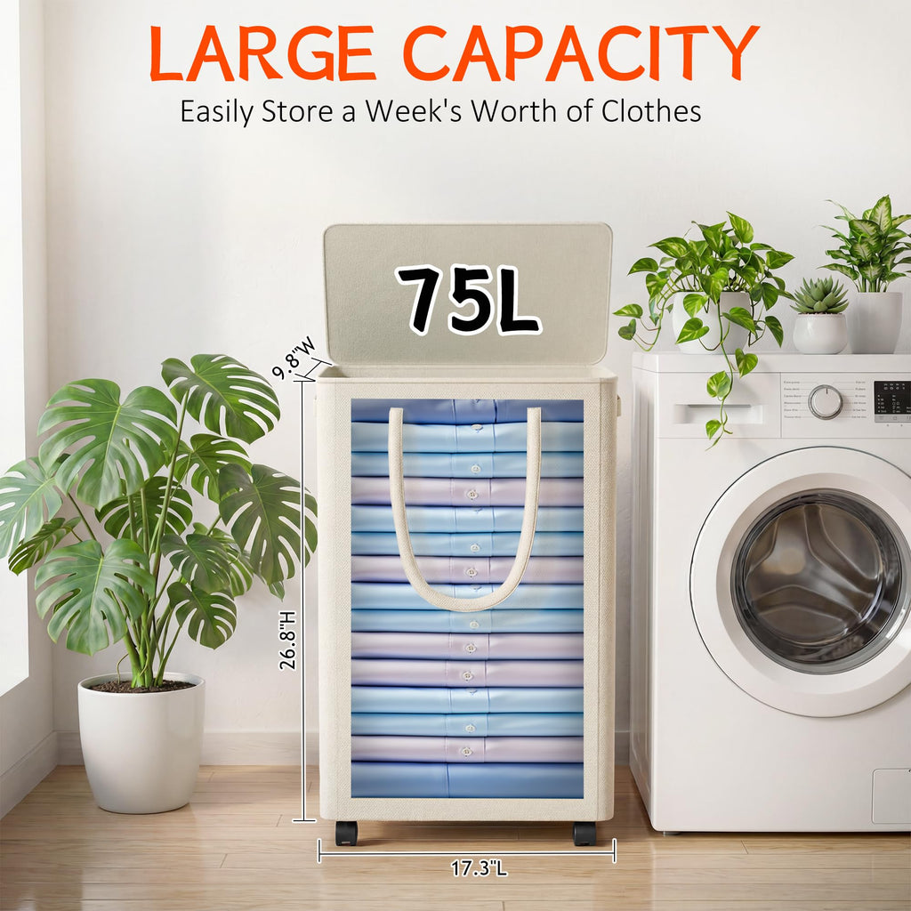 Slim Laundry Hamper with Wheels,20 Gal (75L) Rolling Laundry Basket with lid and wheels Clothes Hamper Foldable Tall