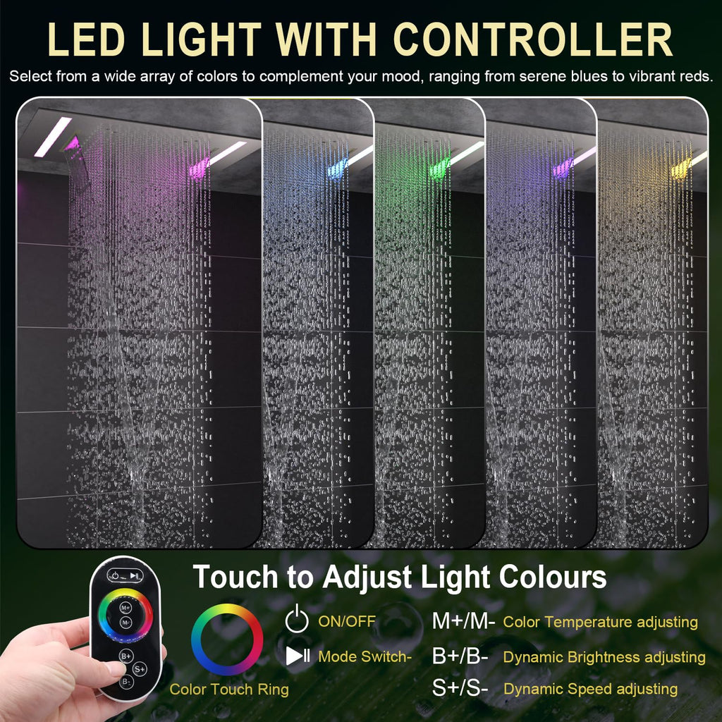 14x20" LED Ceiling Shower Head with Rainfall Waterfall Mist Spray, 3 Modes Can Operate Simultaneously or