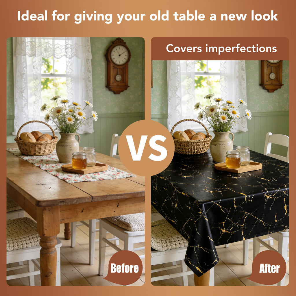 100% Waterproof Vinyl Tablecloth 54x78 Inch Rectangle, Black Marble