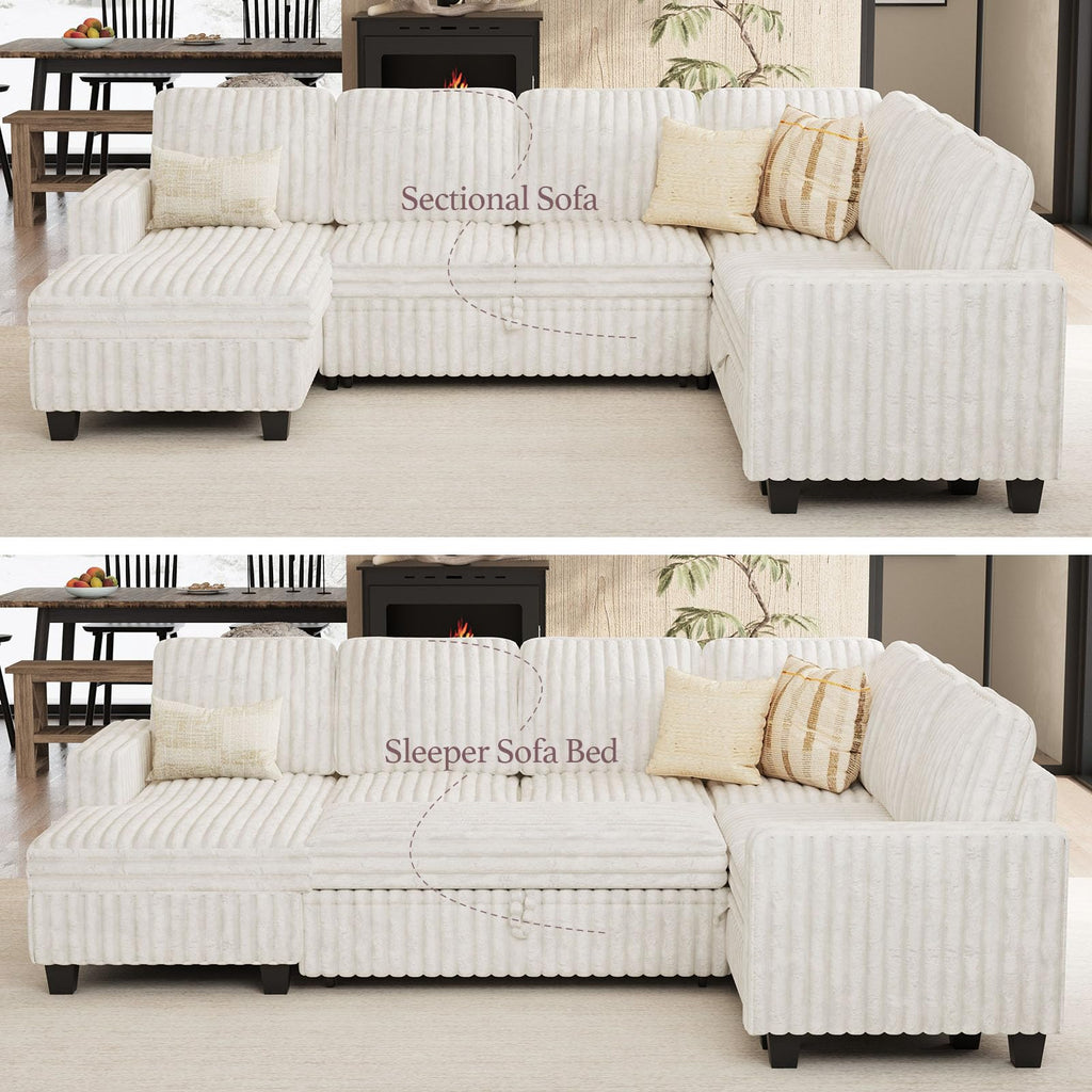 Corduroy Sleeper Sofa Bed with Storage Chaise Modular Sectional Sofa Couch with Pull Out Bed L Shaped Sectional