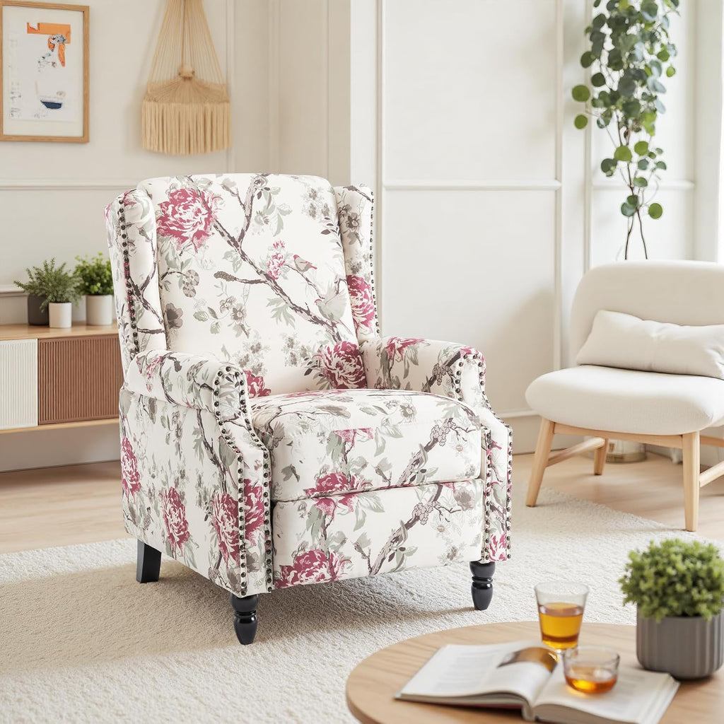 Pushback Recliner Chair, Floral Fabric Wingback Recliner Chair, Upholstered Rivet Trim Armchair Push Back Recliner