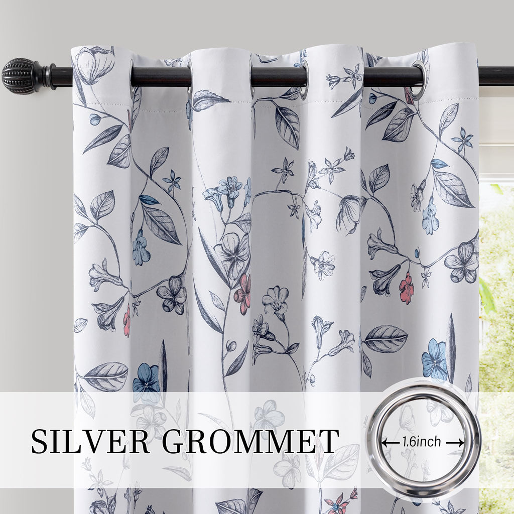 100% Navy Blue Blackout Floral Curtains 96 Inches Long 2 Panels