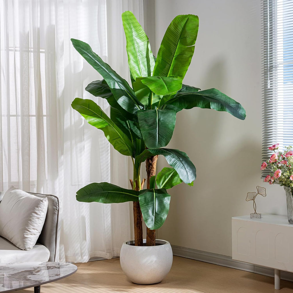 6FT Artificial Banana Tree, Lifelike Fake Banana Leaf Tropical Silk Tree, Easy Assembly Faux Floor Plant with Sturdy