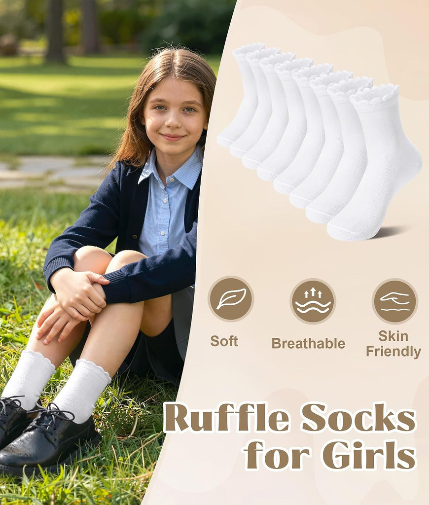 8 Pairs White Ruffle Socks for Girls, Cotton Frilly Kids Socks