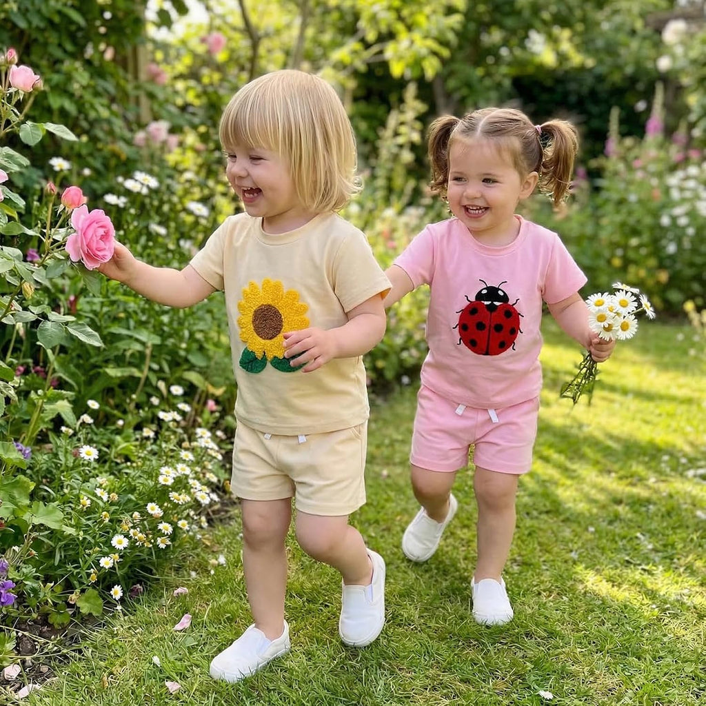 Baby Girl Boy Clothes Toddler Strawberry Shirt Sunflower/Bear/Floral Embroidery Top Shorts Set Infant Summer Outfit