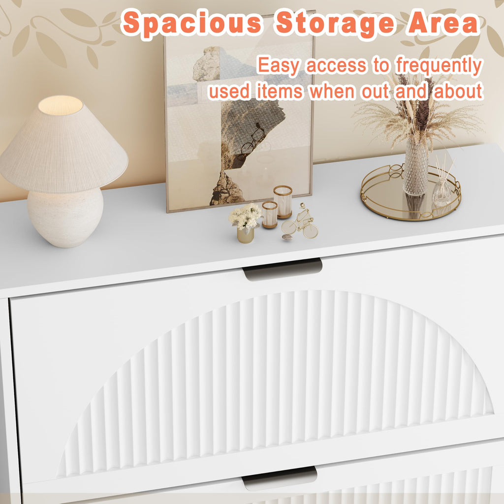 Shoe Storage Cabinet with 2 Flip Drawers, Narrow Wood Shoe Organizer Cabinet with Fluted Panel, Slim Shoe Rack