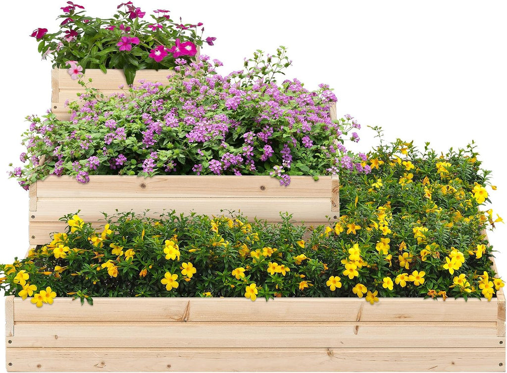 3 Tier Wooden Raised Garden Bed Open-Bottom Planter Box, 1Pcs | 3-tier planter saves space, open-bottom for deep