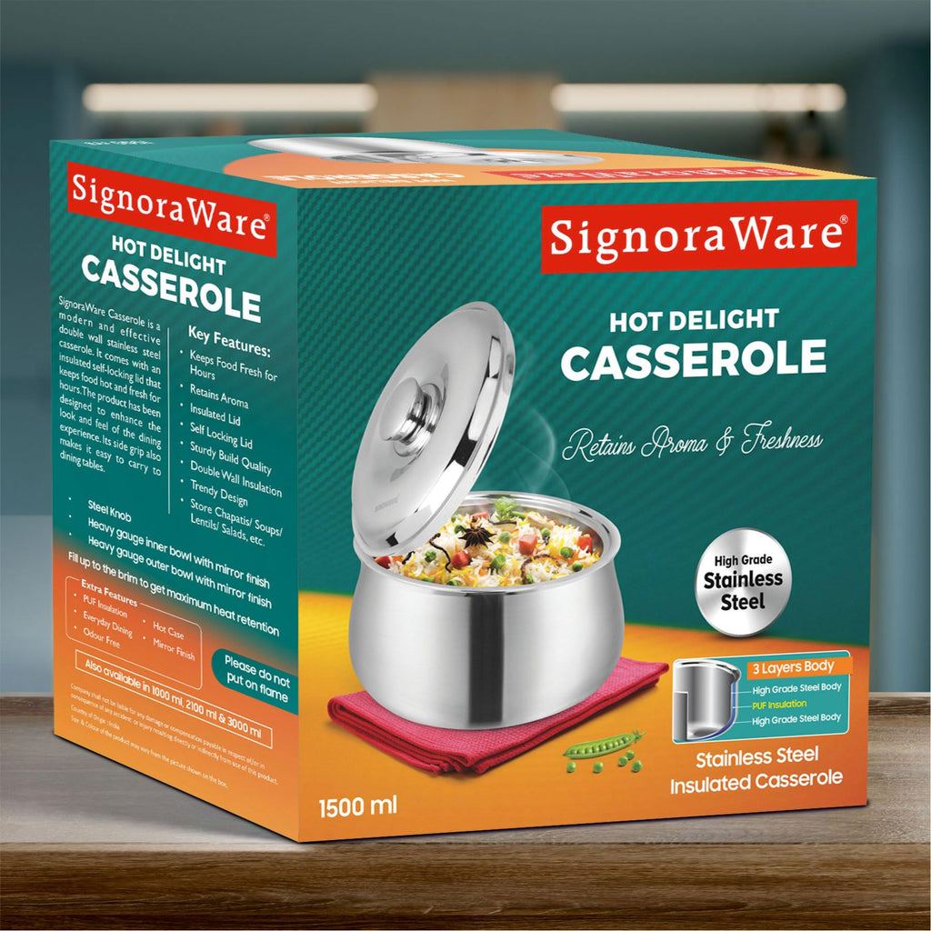 Large Insulated Casserole Dish with Lid 1500ml. Stainless steel Hot Pot Food Warmer/Cooler -Thermal Soup/Salad