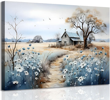 Framed Rustic Farmhouse Canvas Wall Art Beautiful Field Painting Wildflower Barn Print Nature Scenery Picture French