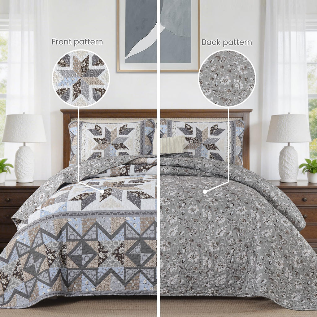 Patchwork Quilts, Reversible Grey Floral Quilt Bedding Set
