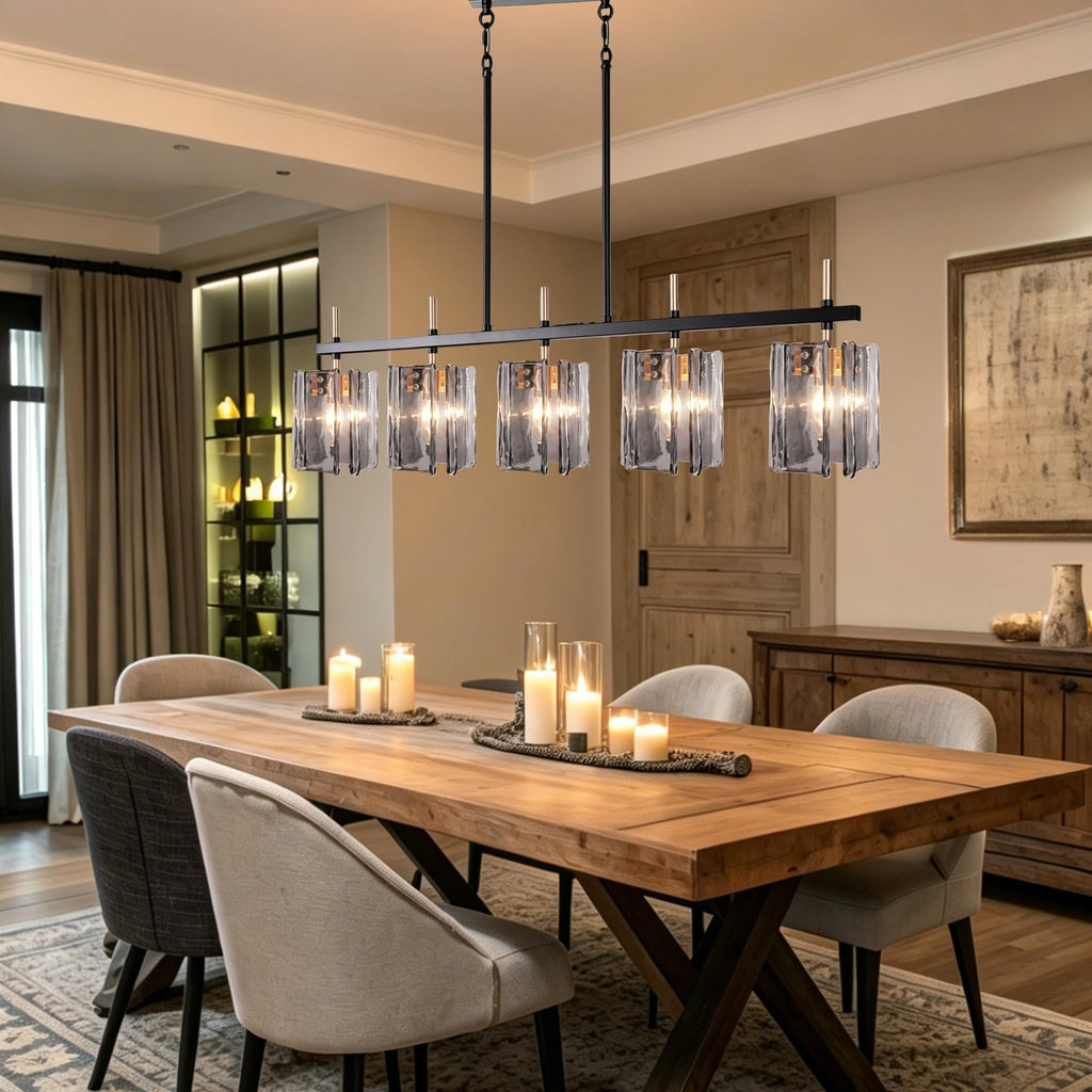 Rectangular Dining Room Light Fixture, 42" L Black and Gold Glass Linear Chandeliers Over Table, Farmhouse