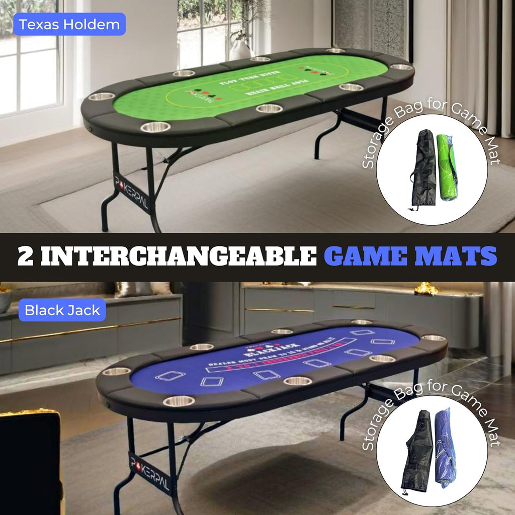 8 Player Poker Table with 2 Interchangeable Game mats, Texas Holdem and Blackjack, Collapsible Casino Table with