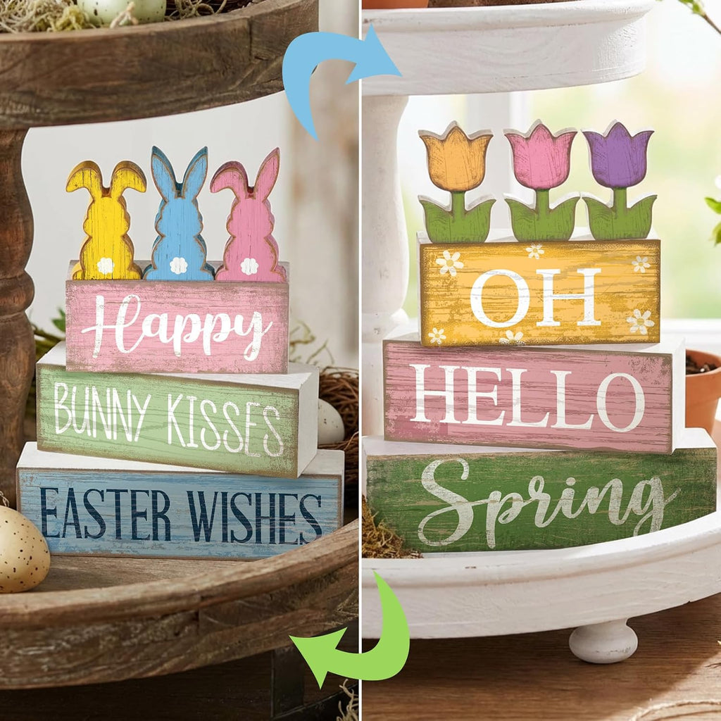 Hello Spring Decoration Wooden Tulip Tiered Tray Decor Spring Centerpieces for Table Double Side Flower Wooden - Set of 9