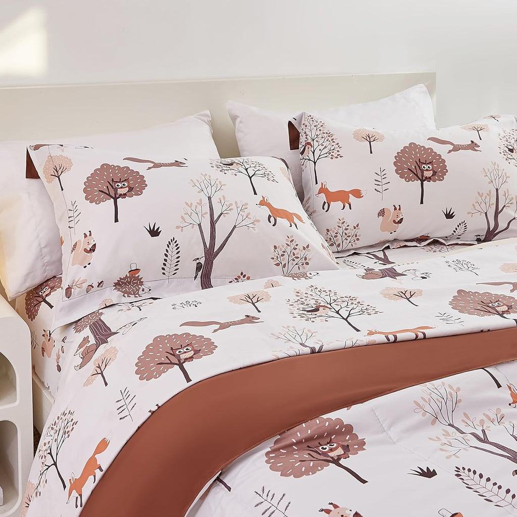 Kids Comforter Set for Boys Girls Full, Cute Quilted Woodland Forest Animal Print Fall Bedding with Pillow Sham
