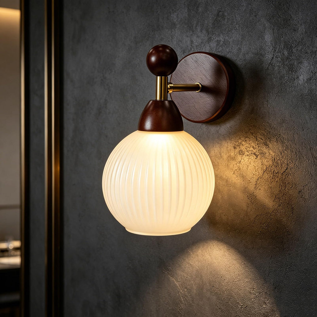 Mid Century Vintage Wall Sconce Ribbed Milk Glass Walnut Wood Light Fixture
