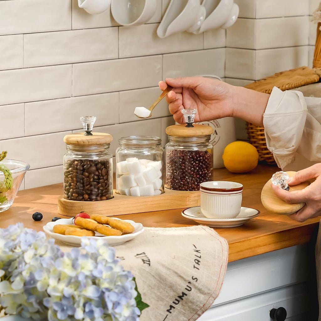 Farmhouse Glass Canister Set with Airtight Wood Lids, 3 Piece