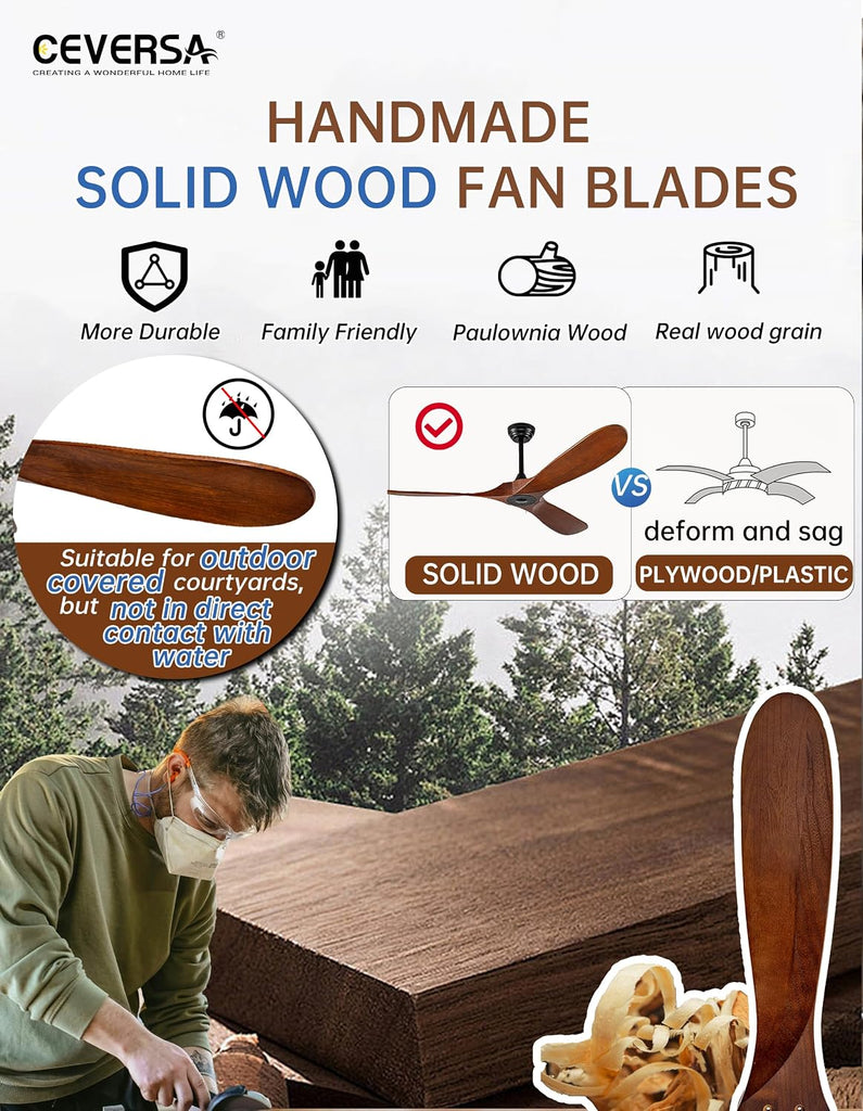 Inspired Maverick Style 60 Inch Outdoor Ceiling Fan no Light,Solid Wood Ceiling Fan Without Lights with Remote/Wall