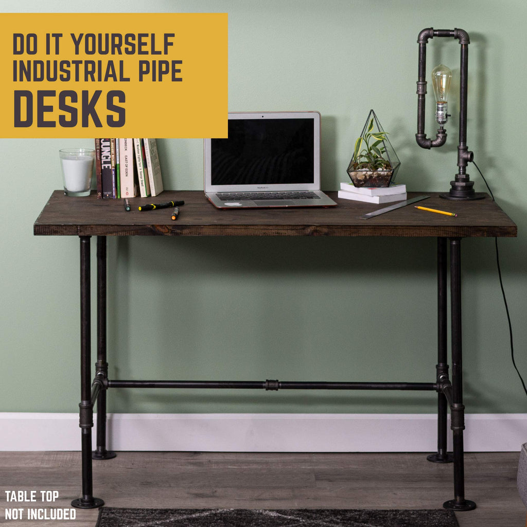 Industrial Pipe Desk Leg Set, Modern Home Office Table Writing or Computer Base Kit, Dark Grey Black Rough Pipes