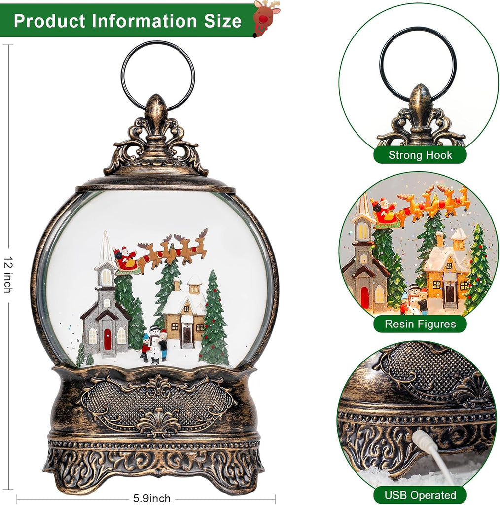 Christmas Snow Globes Lantern Snow Globe with Music Water Lantern Santa Flying Scene Elk Lighted Swirling Water