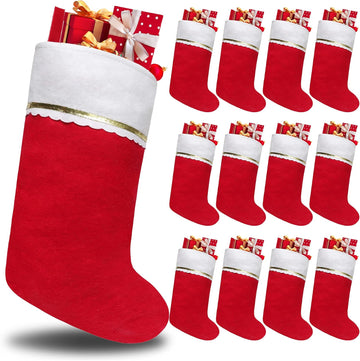 Felt Christmas Stockings, 19 Inches Red and White Christmas Stockings Hanging Ornaments, White Cuff with Gold - Set of 12