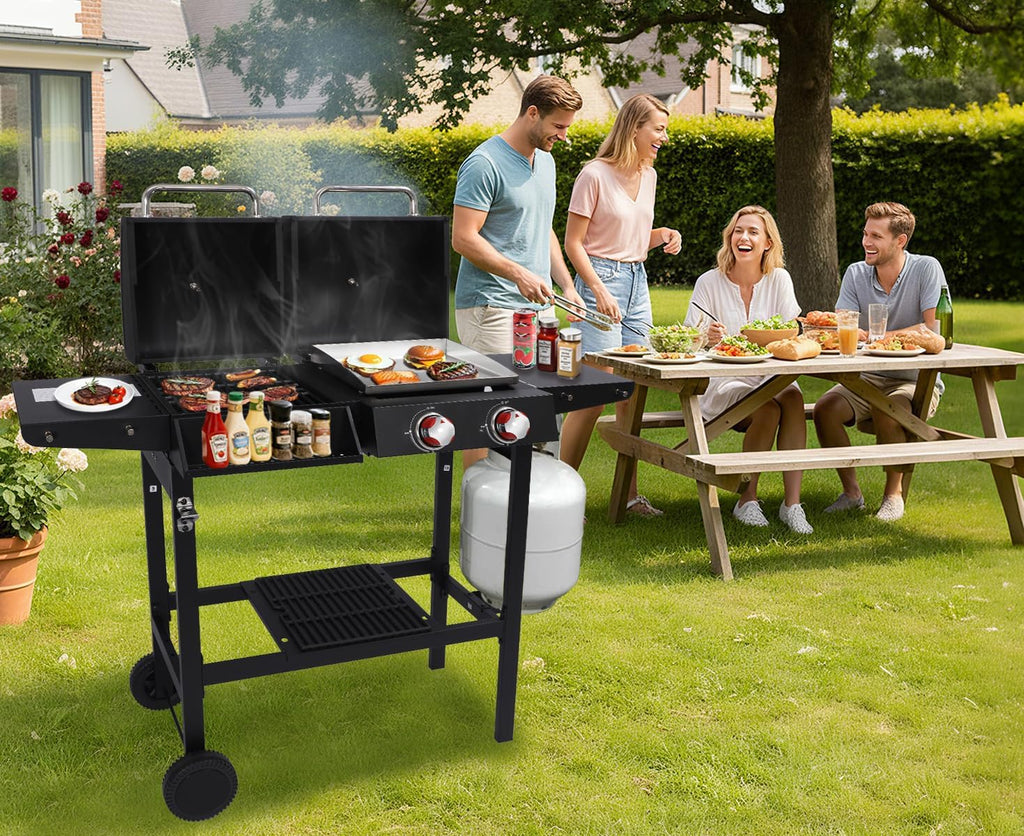2-Burner Propane and Charcoal Grill Combo with Cast Iron Grates and Stainless Steel Flat Top Griddle for Outdoor BBQ