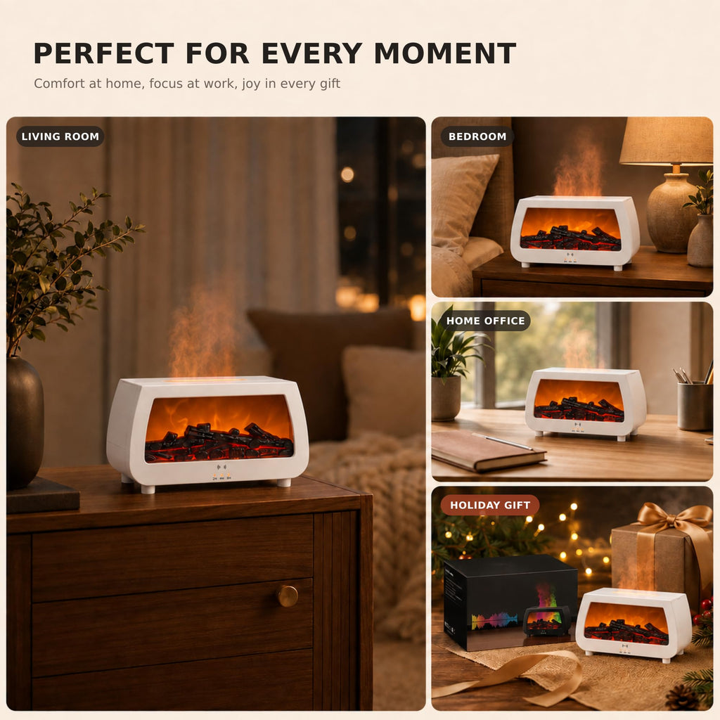 Fireplace Essential Oil Diffuser with Sound Pickup, 200ml Flame Ultrasonic Aroma Humidifier Flame (White)