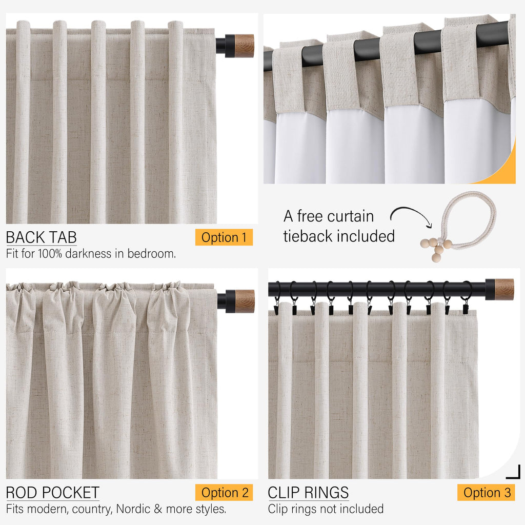 100% Blackout Extra Long Linen Curtains Light Cream 132 Inches Black Out Curtain Neutral 11ft Boho Farmhouse Drapes