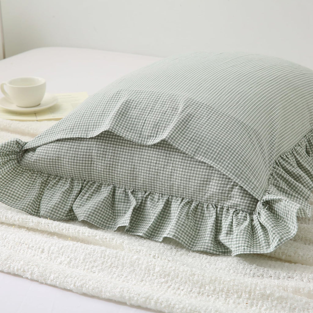 2 Pack Pile Green White Plaid Gingham Ruffle Pillow Shams Standard Size, 100% Washed Cotton Checkered Farmhouse