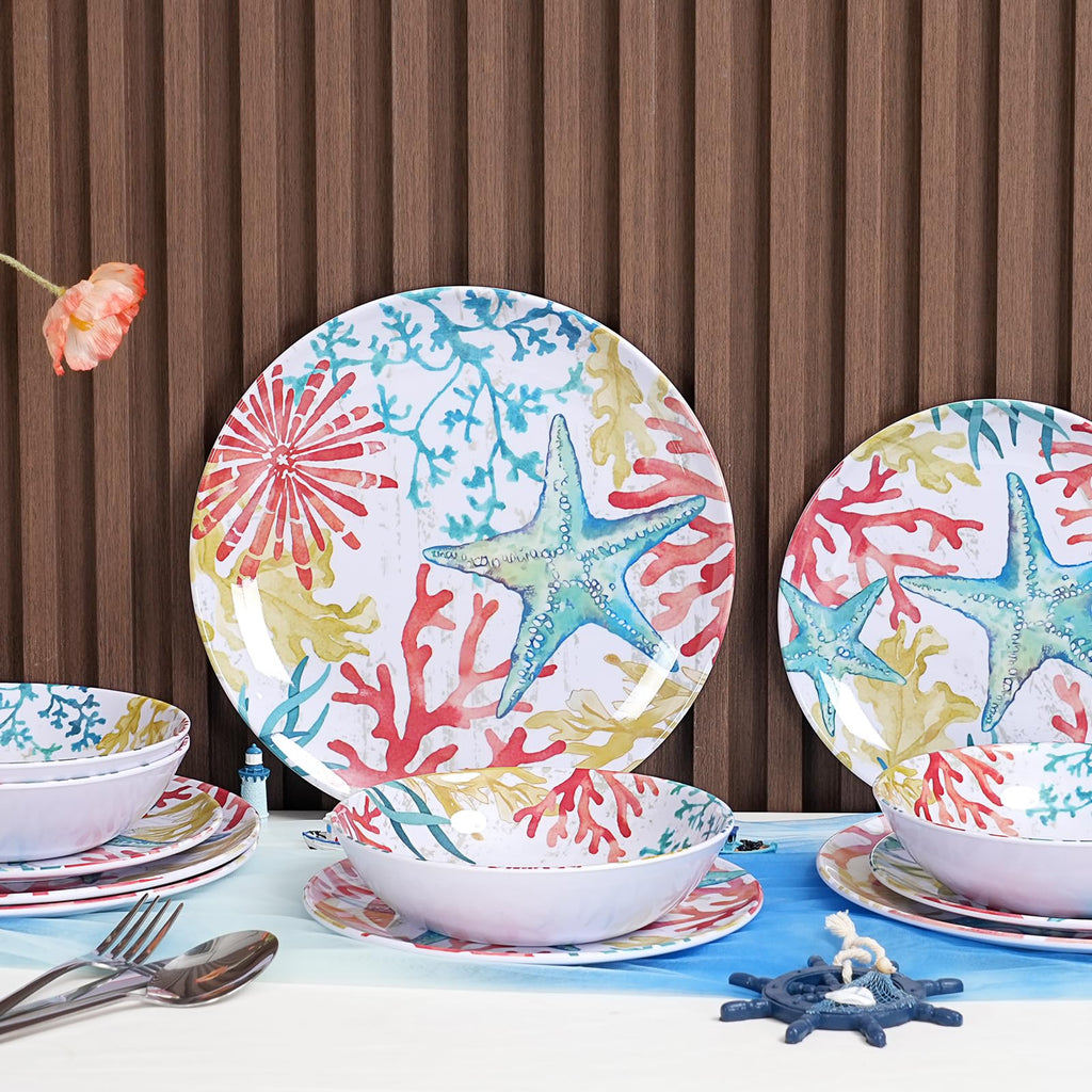 Melamine Dinnerware Set for 4 - 12-Piece Starfish Coral Design Plates and Bowls, Ocean Dishes set, Unbreakable Dinner
