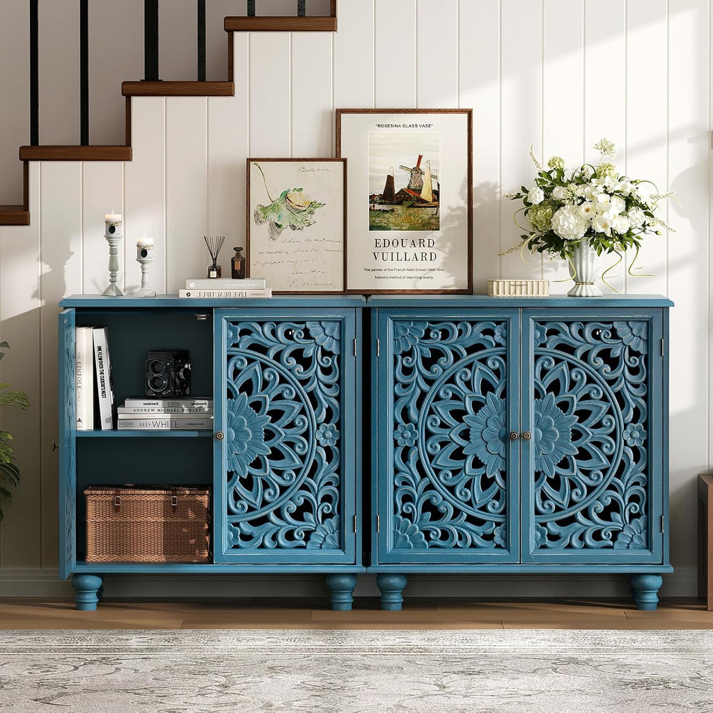 31" Accent Storage Cabinet with Carved Doors,Mandala Blue | Carved Floral Design, Solid Wood Legs, Versatile Storage