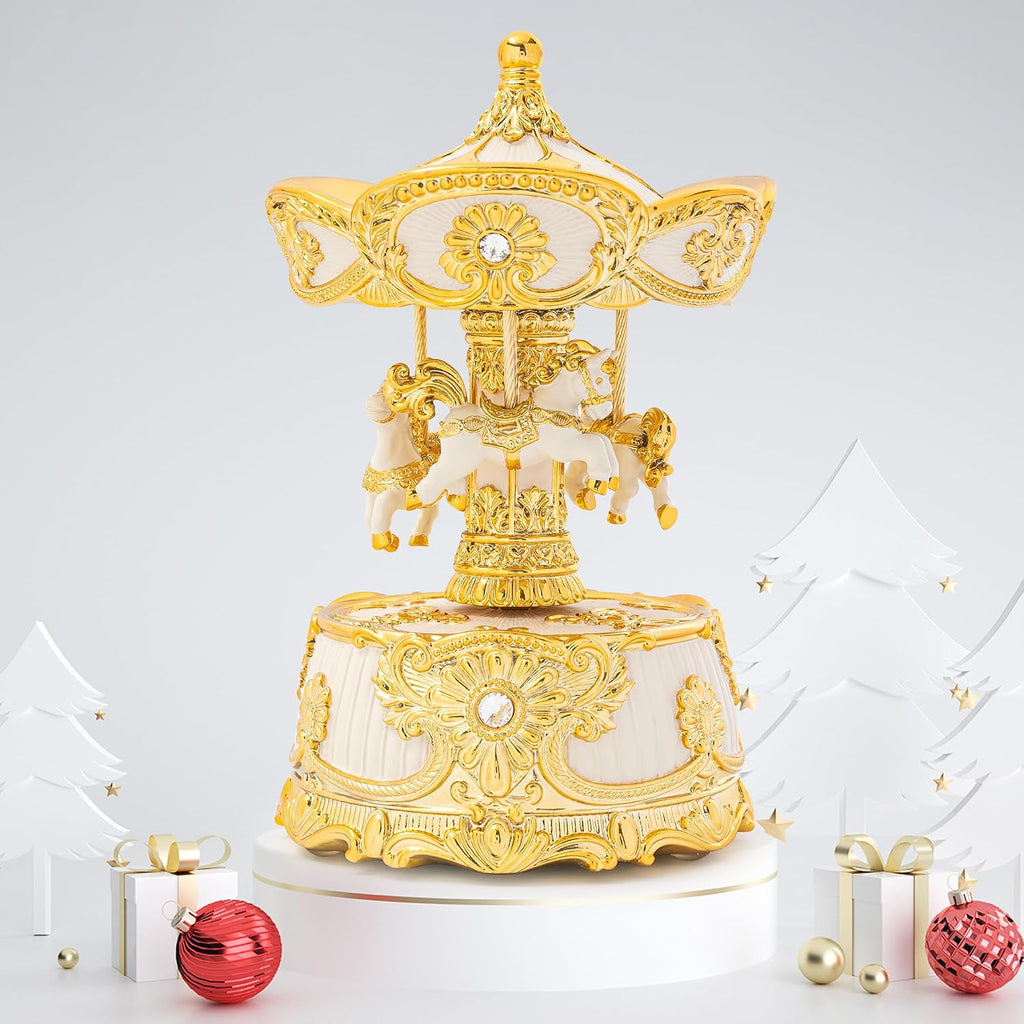 6.2" Horse Carousel Music Box, Vintage Rotating Merry Go Round with Wind Up Melody, Gold & Ivory Musical Carousel