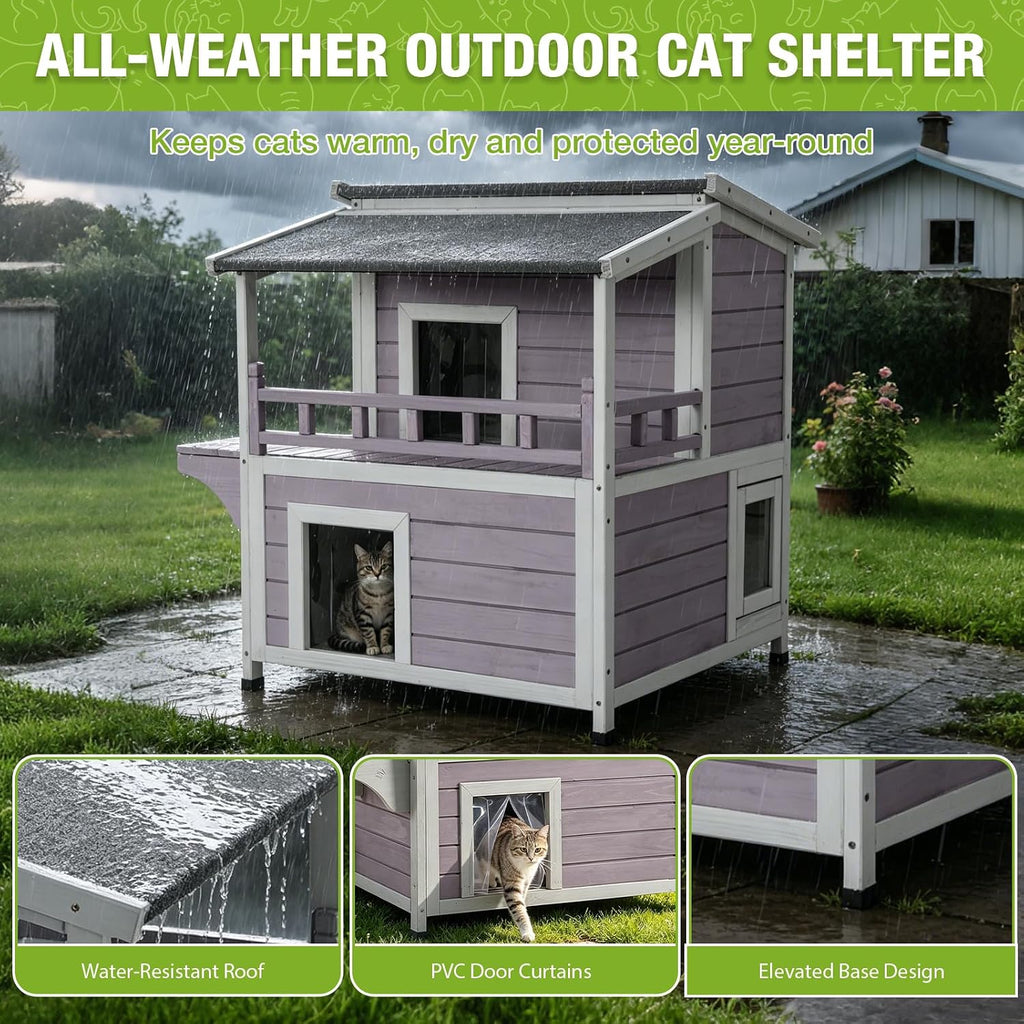Outdoor Cat House Weatherproof 2 Story Wooden Feral Cat Shelter Easy Clean