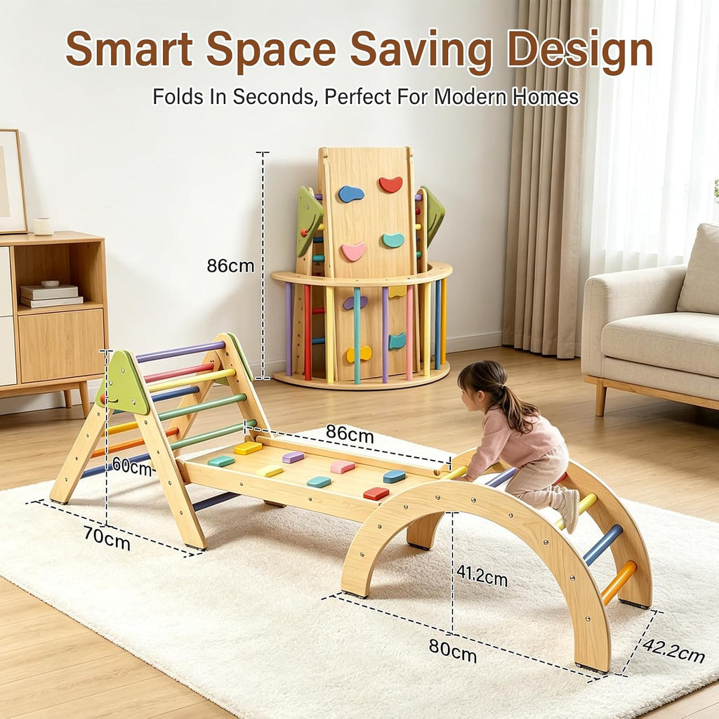 Foldable Pikler Triangle Climbing Set Wooden 7 in 1 Montessori Climber Toys for Toddlers 1-3 Baby Jungle Gym Indoor