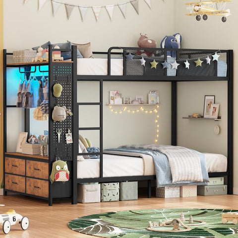 Metal Bunk Bed Twin Over Twin with Hall Tree, Power Outlet, LED Bunk Bed with 4 Storage Drawers