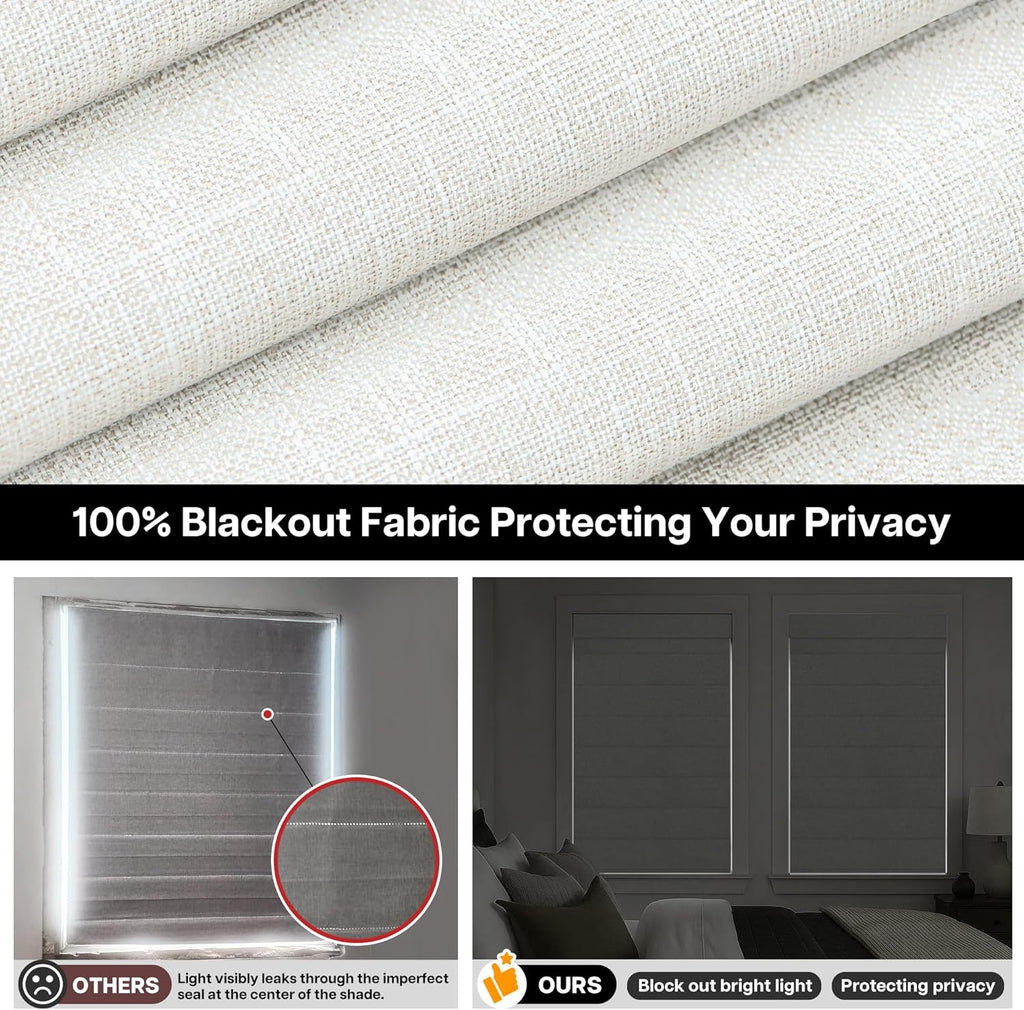 No Drill TDBU Roman Shades, Blackout - White, 34" W x 64" H | No Tools Top Down Bottom Up Cordless Fabric Blinds for