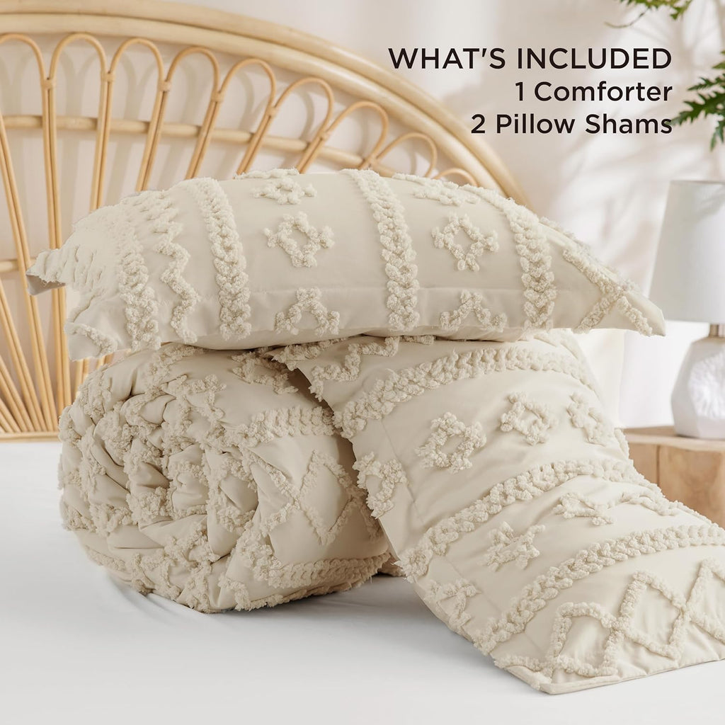 Tufted Boho Comforter Set Queen - Beige Boho Bed Set, GentleSoft 3 Pieces Farmhouse Shabby Chic Embroidery Bedding