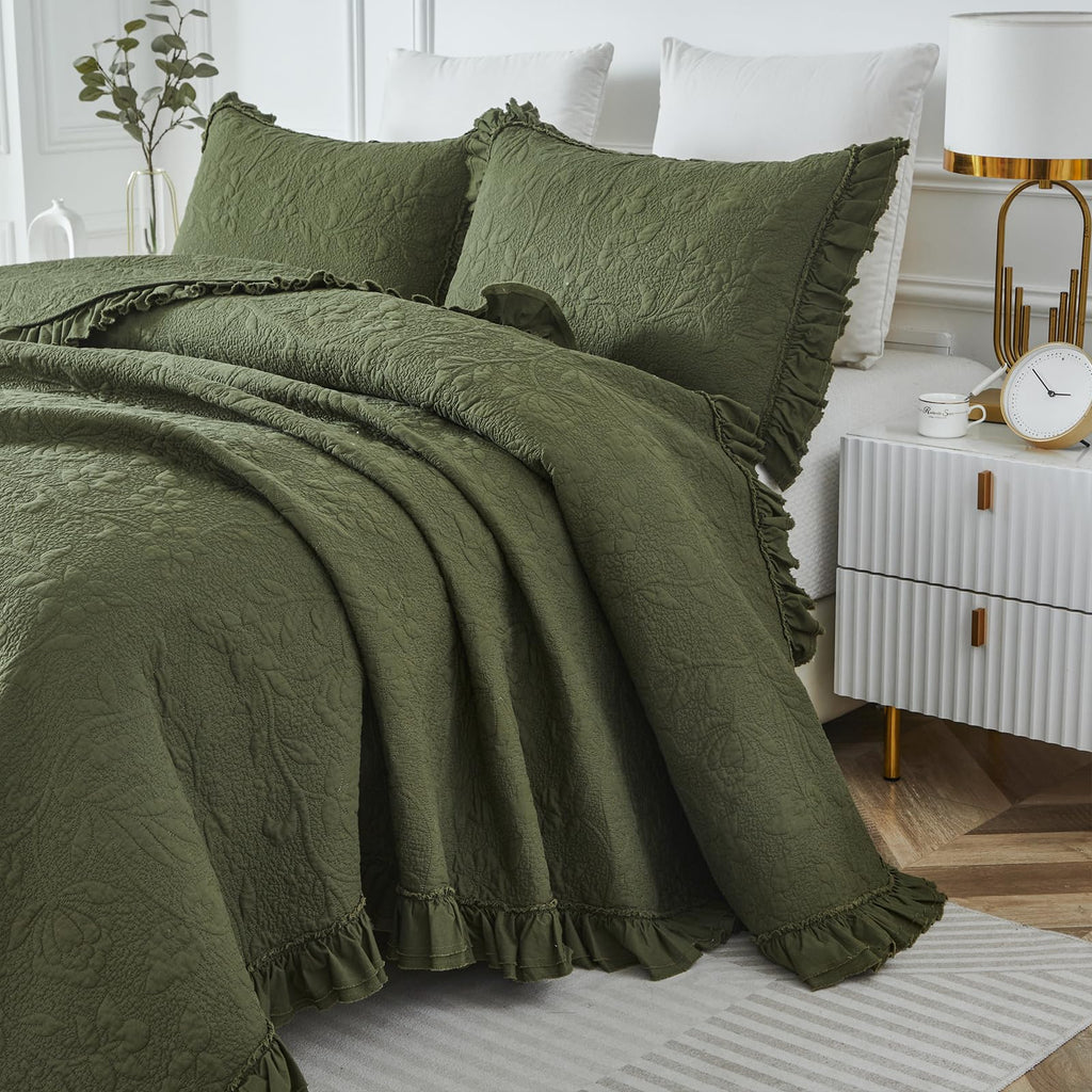 Olive Green Quilt Set Cotton Ruffled Floral Coverlet 3PC