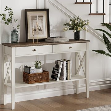 47" Farmhouse Entryway Table with Drawers and Storage Shelf