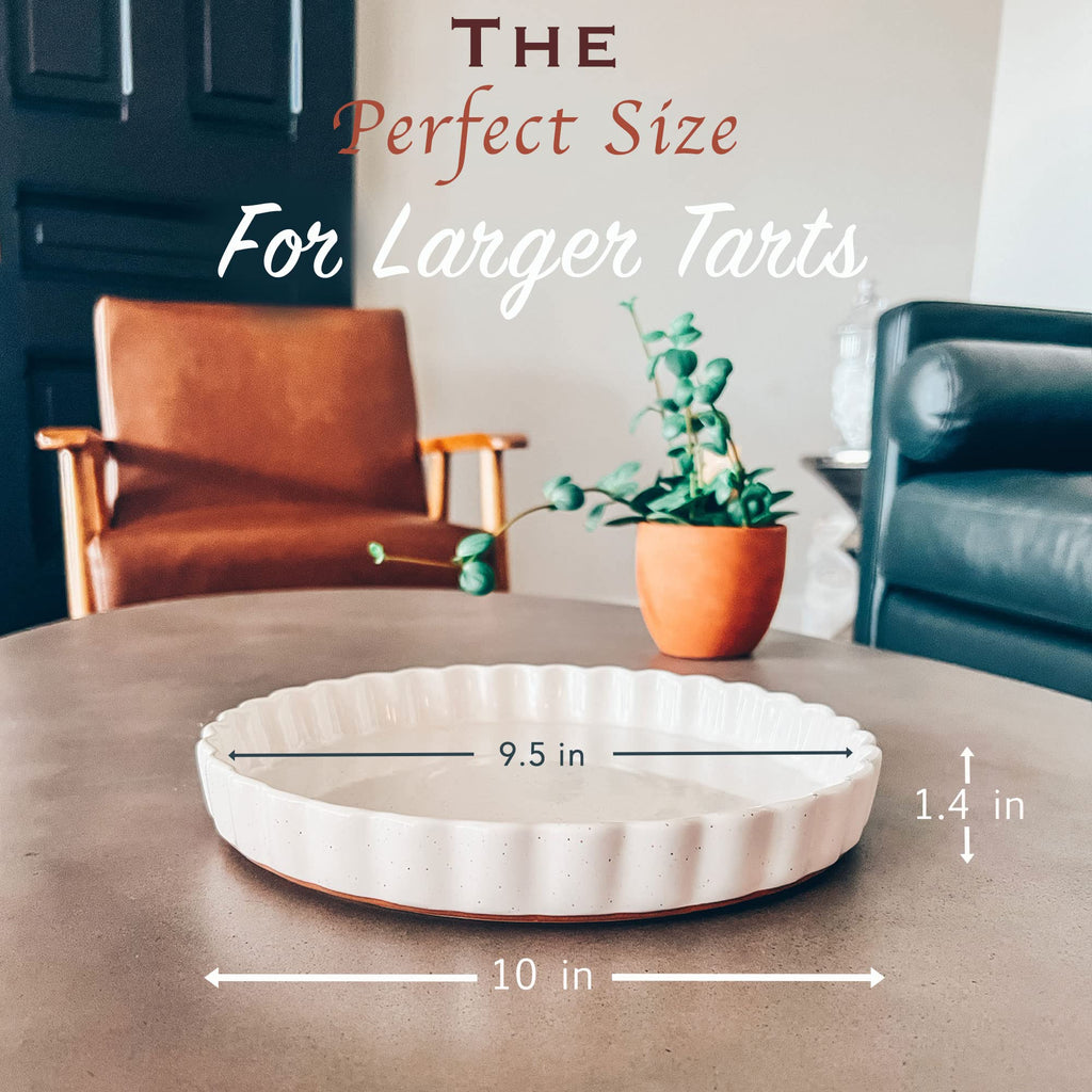 Ceramic Tart Pan, 9.5 Inch Large Porcelain Baking Dish for Tarts, Quiche, Pie, Flan etc. Fluted Ruffled Edge, Oven