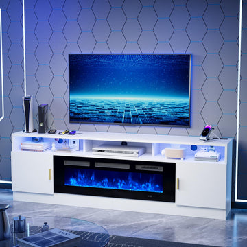 78" with Power Outlet for TVs Up to 90", Electric Fireplace Entertainment Center with LED Lights & Storage Cabinets