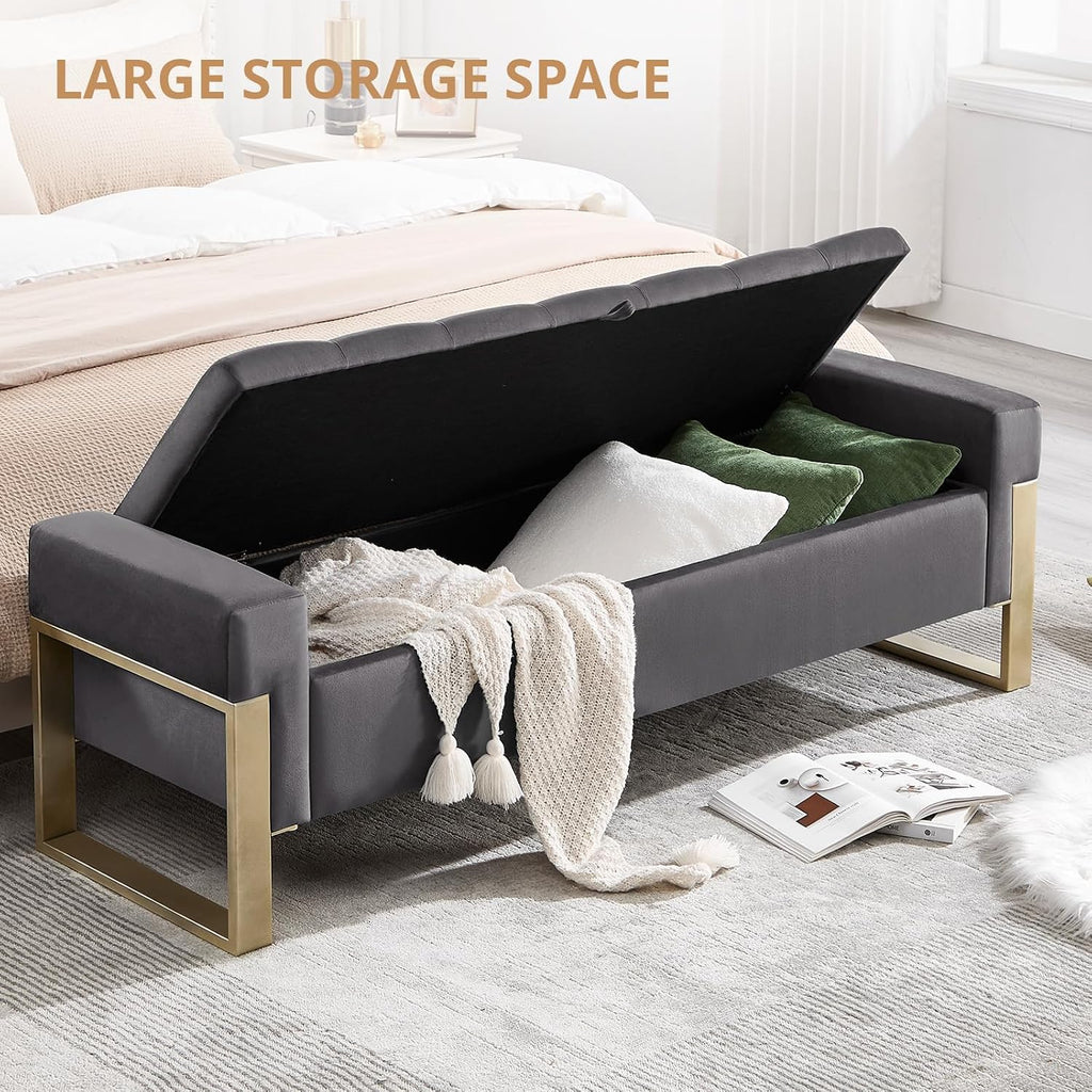 End of Bed Storage Bench, 67'' Benches Foot of Bed King Size, Upholstered Velvet Tufted Storage Ottoman Bench with