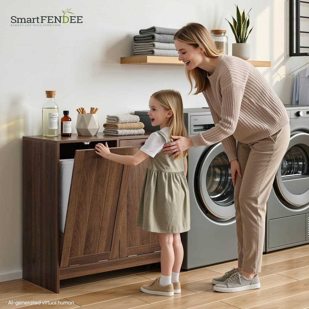 Double Tilt Out Laundry Hamper Cabinet, 11.8 Gallon Hidden Trash Cabinets with 2 Baskets , Freestanding Small