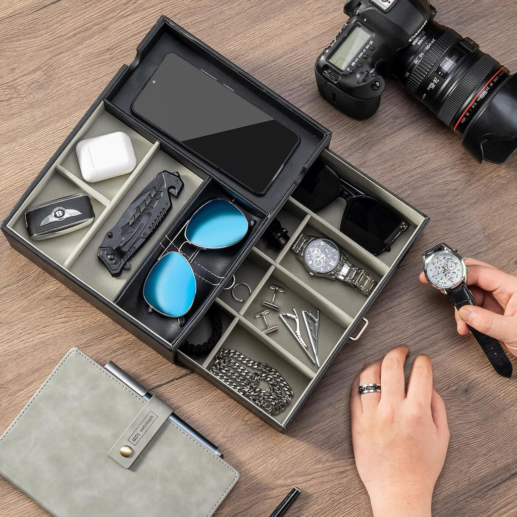 2 Layers Valet Tray Gift for Men, Nightstand Organizer EDC Dump Catchall Trays with Phone Charging Station, Dresser