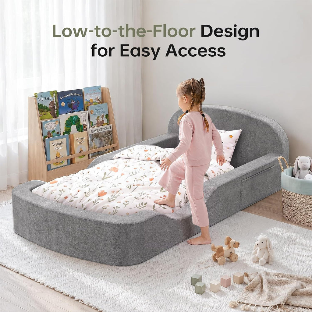 Montessori Toddler Floor Bed with Built-in Side Rails, All-Foam, No Assembly Needed, Light Grey